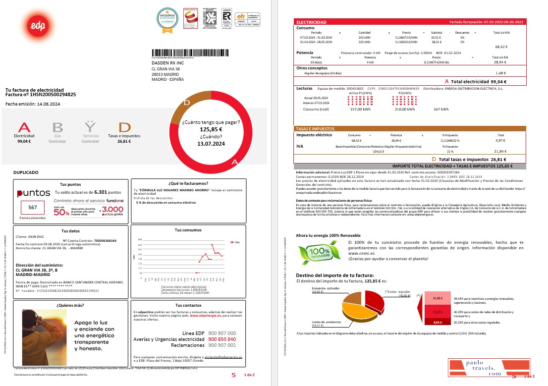 SPAIN EDP business utility bill template, version 2 PSD template
